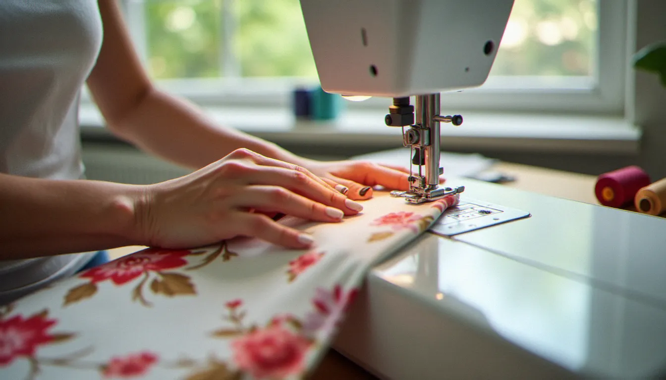 Mains de couturière guidant un tissu fleuri sous le pied presseur d'une machine à coudre moderne — illustration du meilleur couture femme