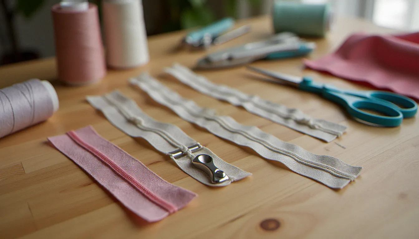 Pieds-de-biche pour fermeture éclair et outils de couture posés sur une table en bois, matériel nécessaire pour poser une fermeture sur une robe