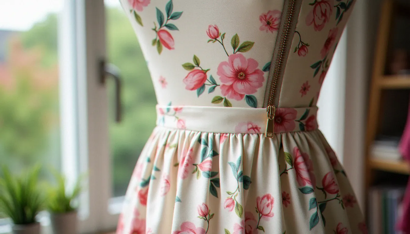 Fermeture éclair classique parfaitement posée sur le côté d'une robe en coton fleuri présentée sur un mannequin de couture dans un atelier lumineux