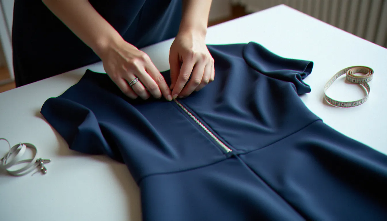Mains d'une couturière en train de mettre une fermeture éclair invisible sur le dos d'une robe bleue marine posée sur une table de coupe
