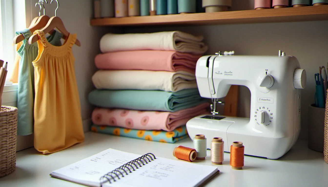 Espace couture organisé avec des coupons de tissu pour enfants, un carnet de checklist et un petit vêtement enfant fini accroché sur un cintre en bois