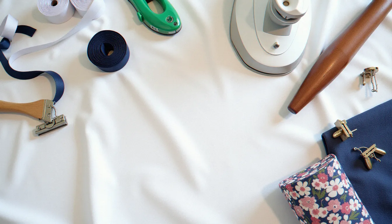 Vue de dessus des outils nécessaires pour poser un biais finition : bobine de biais, clips Clover, découd-vite et tissu liberty sur fond de lin blanc