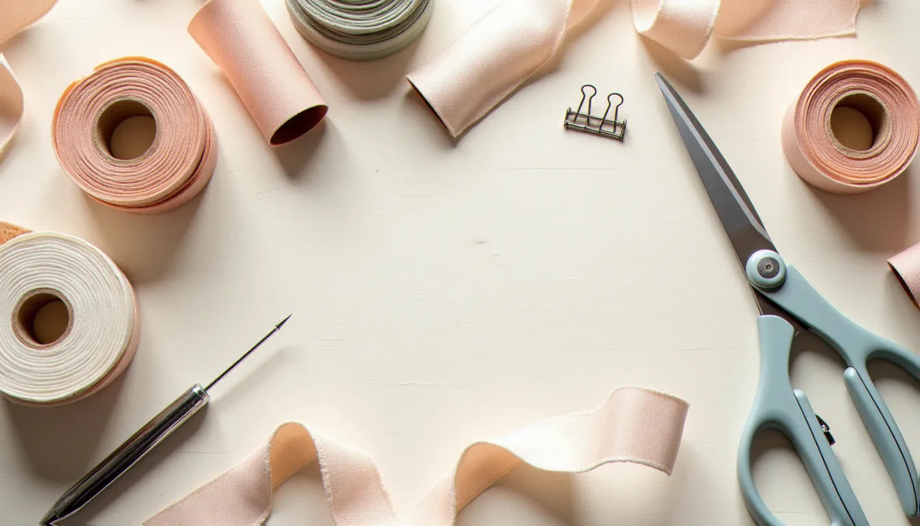 Matériel nécessaire pour poser un biais invisible disposé sur une table en bois clair : rubans biais, épingles, clips et ciseaux de couture