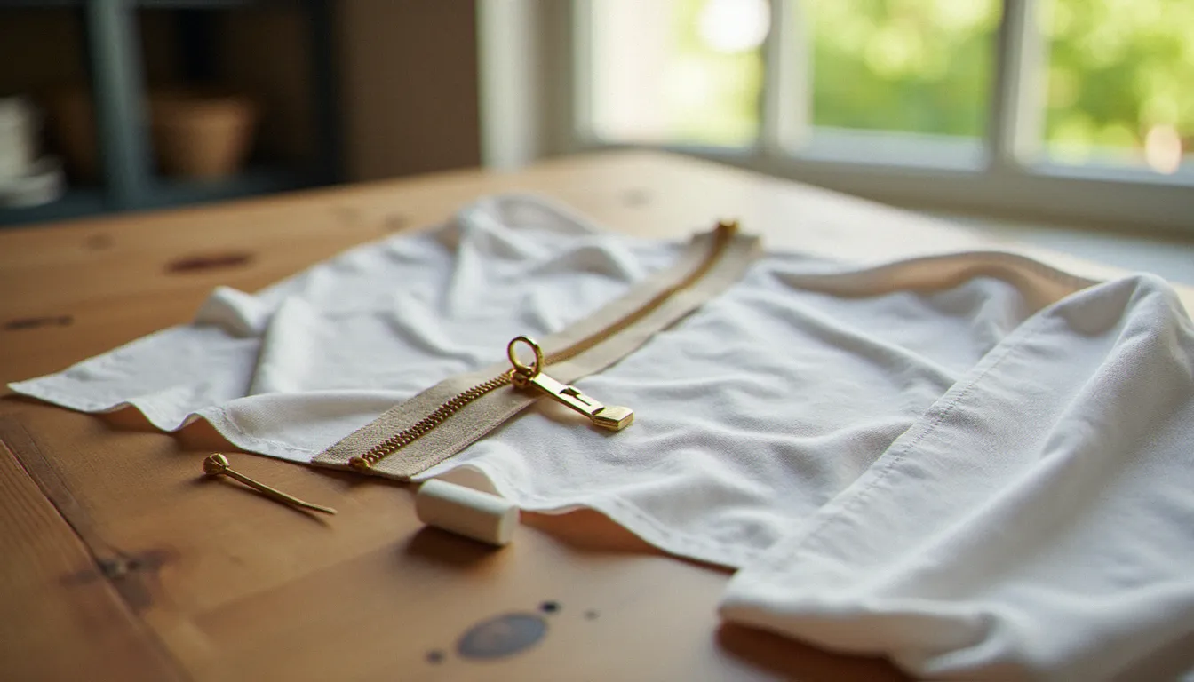 Matériel nécessaire pour poser une fermeture éclair apparente disposé à plat sur une table de couture en bois
