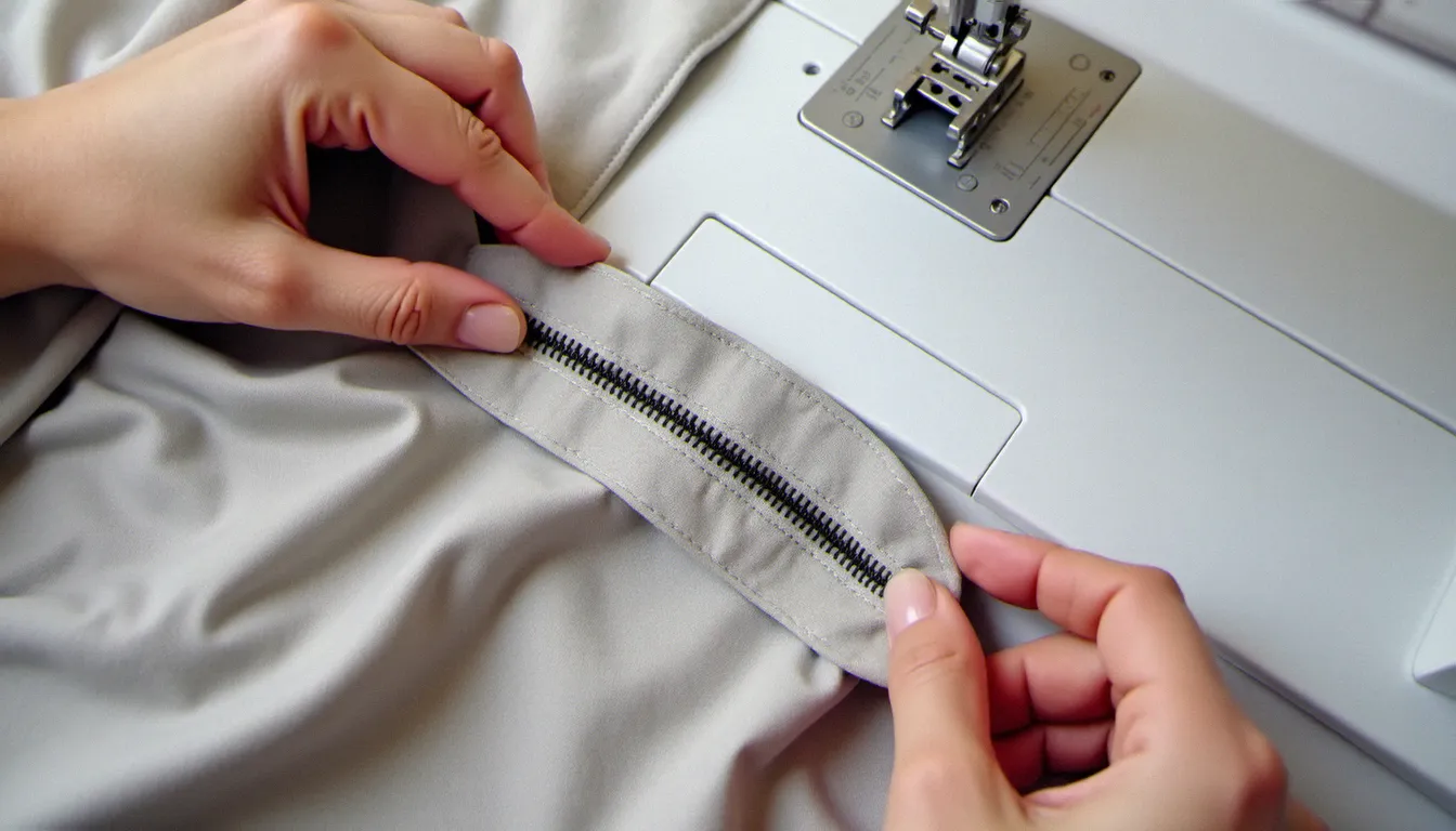 Alignement des deux bords de tissu sur une fermeture éclair apparente fermée avant la couture du deuxième côté