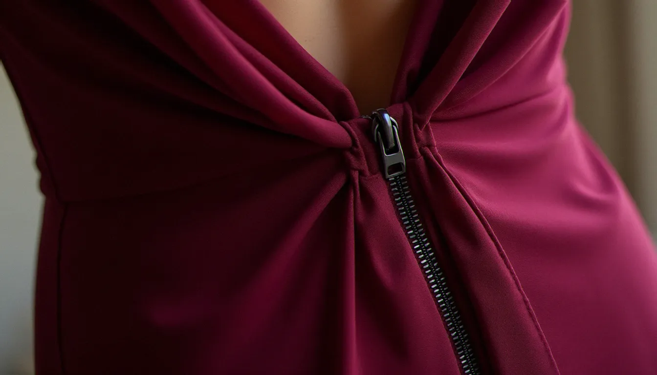 Fermeture éclair invisible parfaitement posée dans le dos d'une robe en mousseline bordeaux, indétectable sur l'endroit du tissu