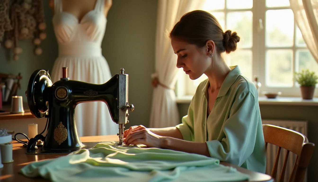 Couturière cousant une fermeture invisible sur une robe en soie dans un atelier lumineux, machine à coudre au premier plan