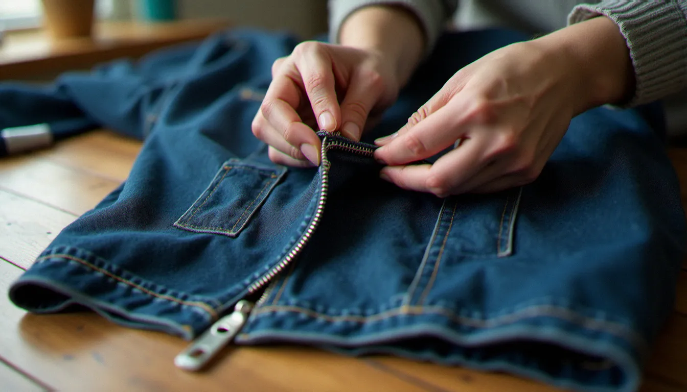 Couturière remplaçant une fermeture éclair sur une veste en jean, illustration du prix couture changement fermeture éclair