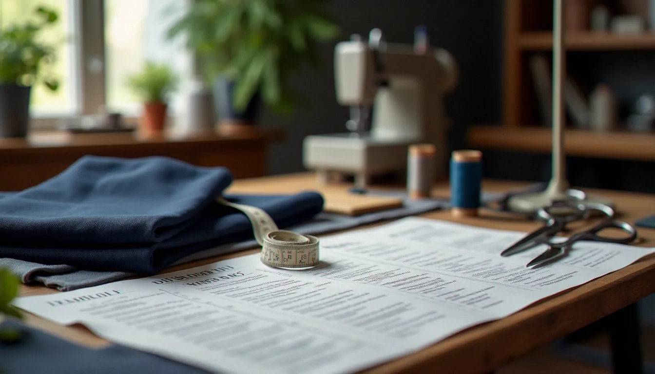 Table de couturière avec tissu pour pantalon marine, mètre ruban et fils colorés représentant les coûts de retouche