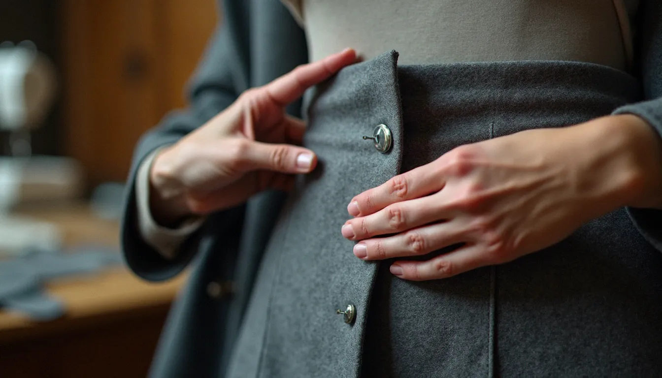 Couturière ajustant le prix couture pantalon tailleur gris sur un mannequin de couture dans un atelier lumineux