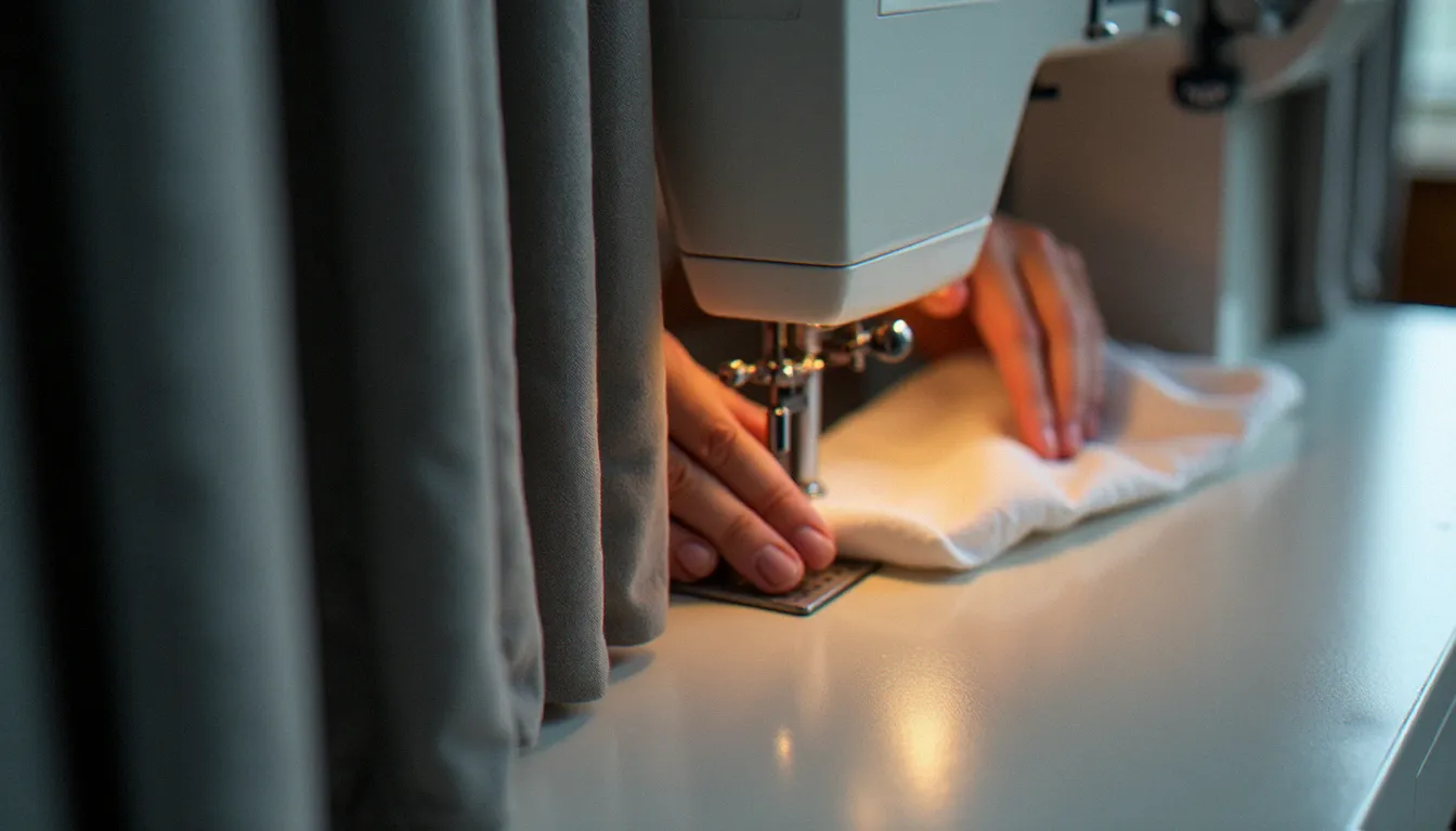 Gros plan sur une tête de rideau à plis faits main en velours gris en cours de couture à la machine, illustrant la complexité des finitions et leur impact sur le prix