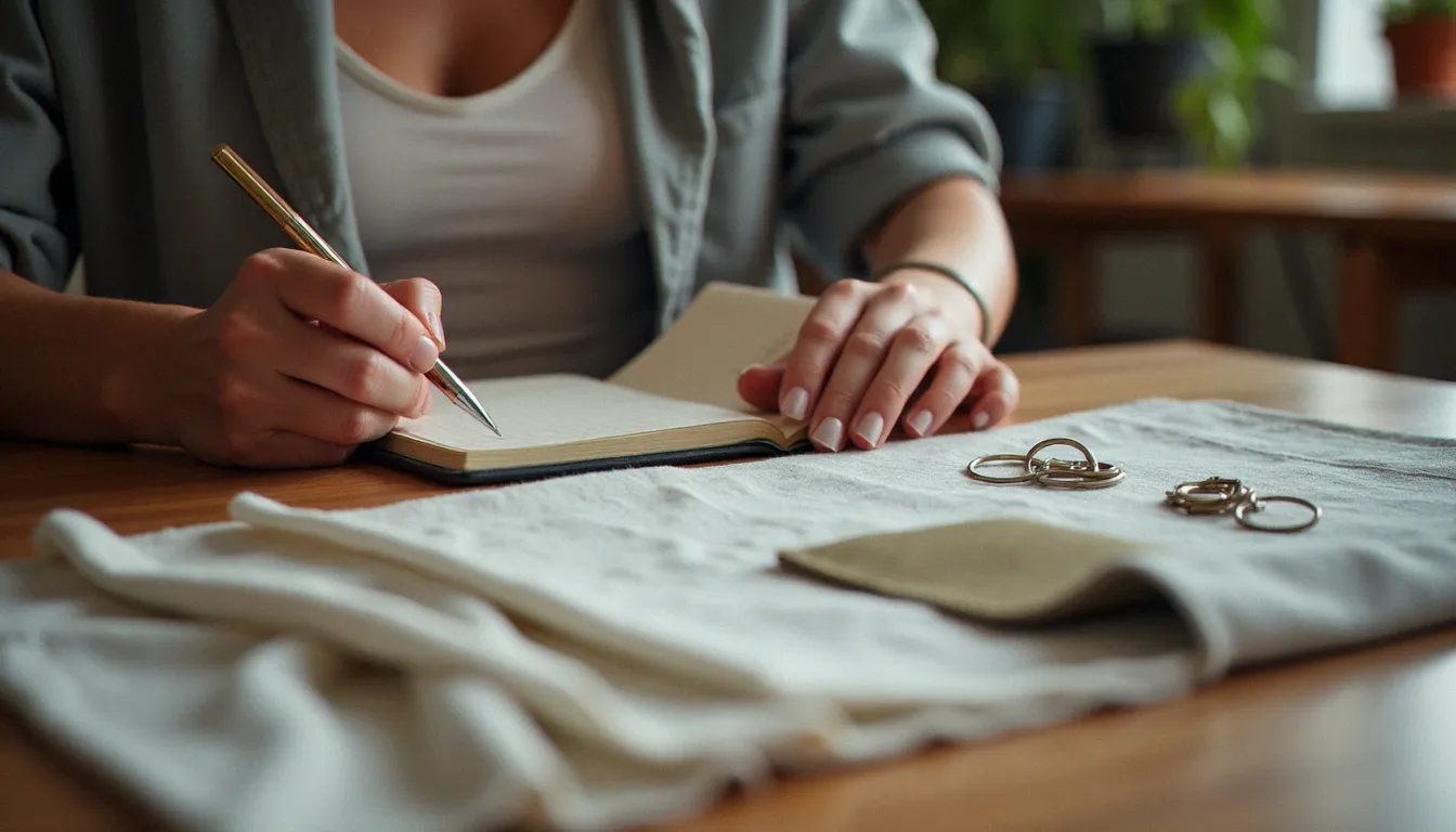 Femme notant les mesures de rideaux dans un carnet avec des échantillons de tissu, préparant un devis pour la couture de rideaux sur mesure