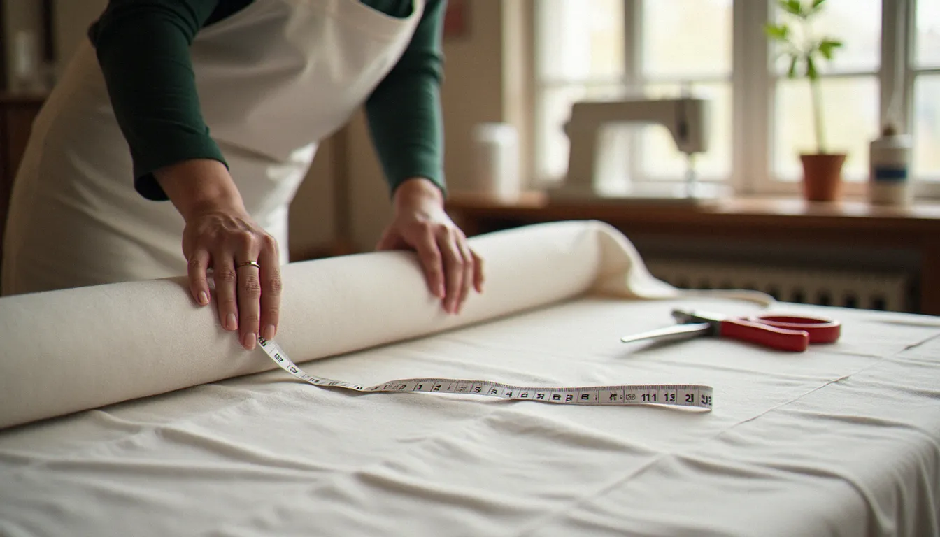 Couturière mesurant des panneaux de rideaux en lin sur une table de coupe dans un atelier artisanal, pour illustrer les prix couture rideaux sur mesure