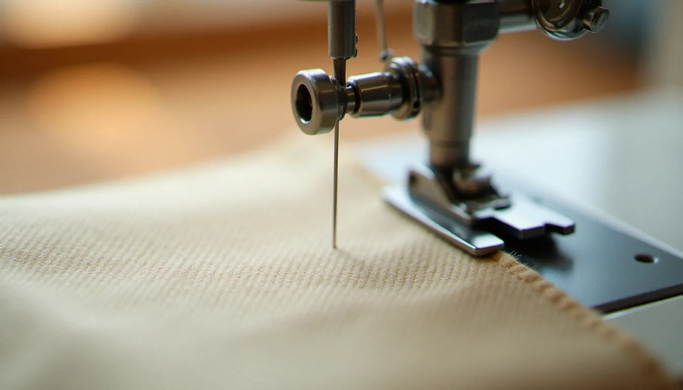 Aiguille de machine à coudre traversant une gabardine de coton beige dont le tissage en sergé diagonal est clairement visible