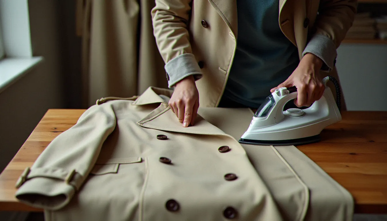 Couturière repassant le col et le revers d'un trench coat en cours de confection sur un jambon de tailleur, fer à vapeur visible