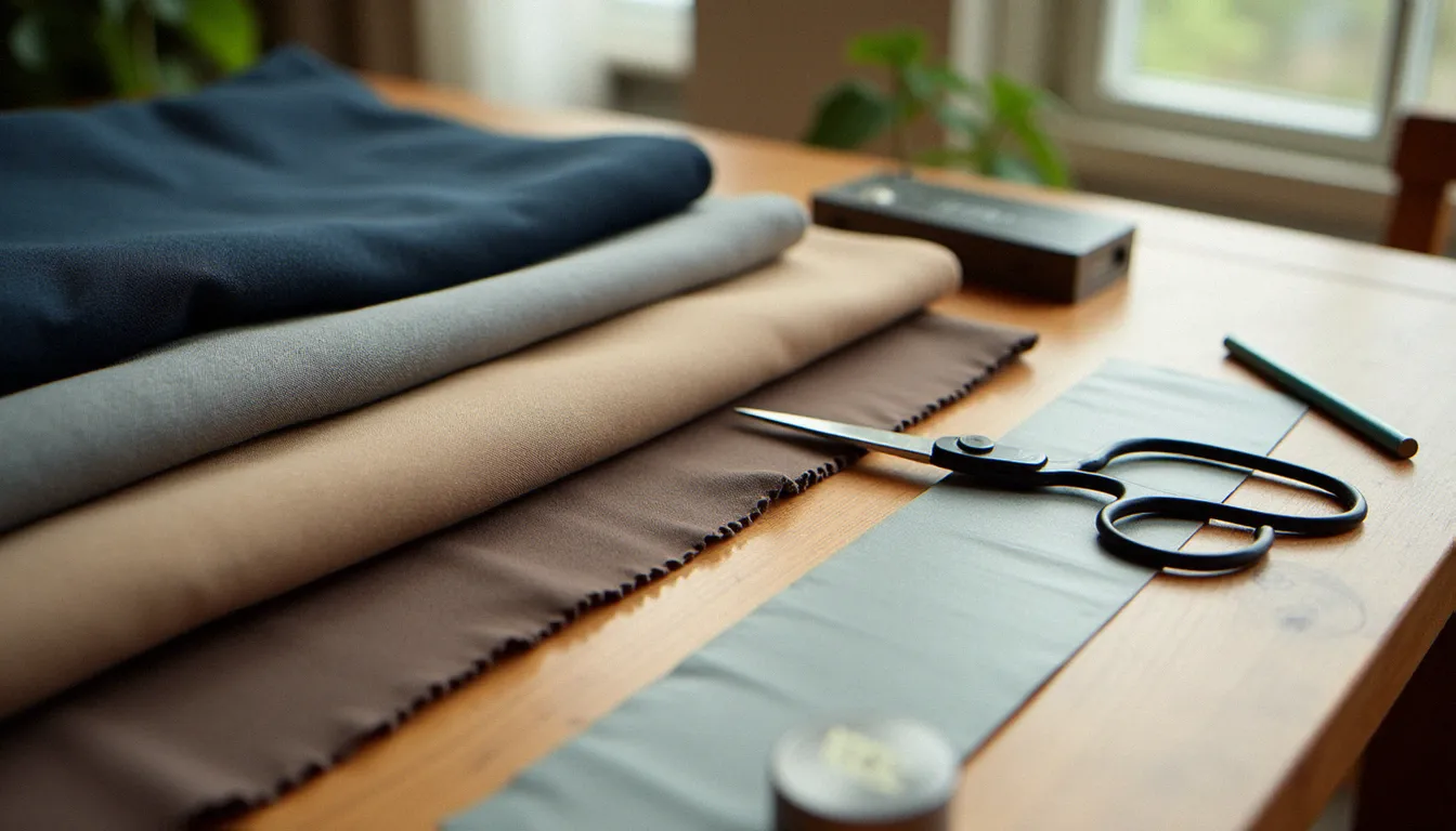 Échantillons de tissus pour trench coat — gabardine coton, laine et coton déperlant — disposés sur une table de coupe en bois avec une paire de ciseaux de couturière