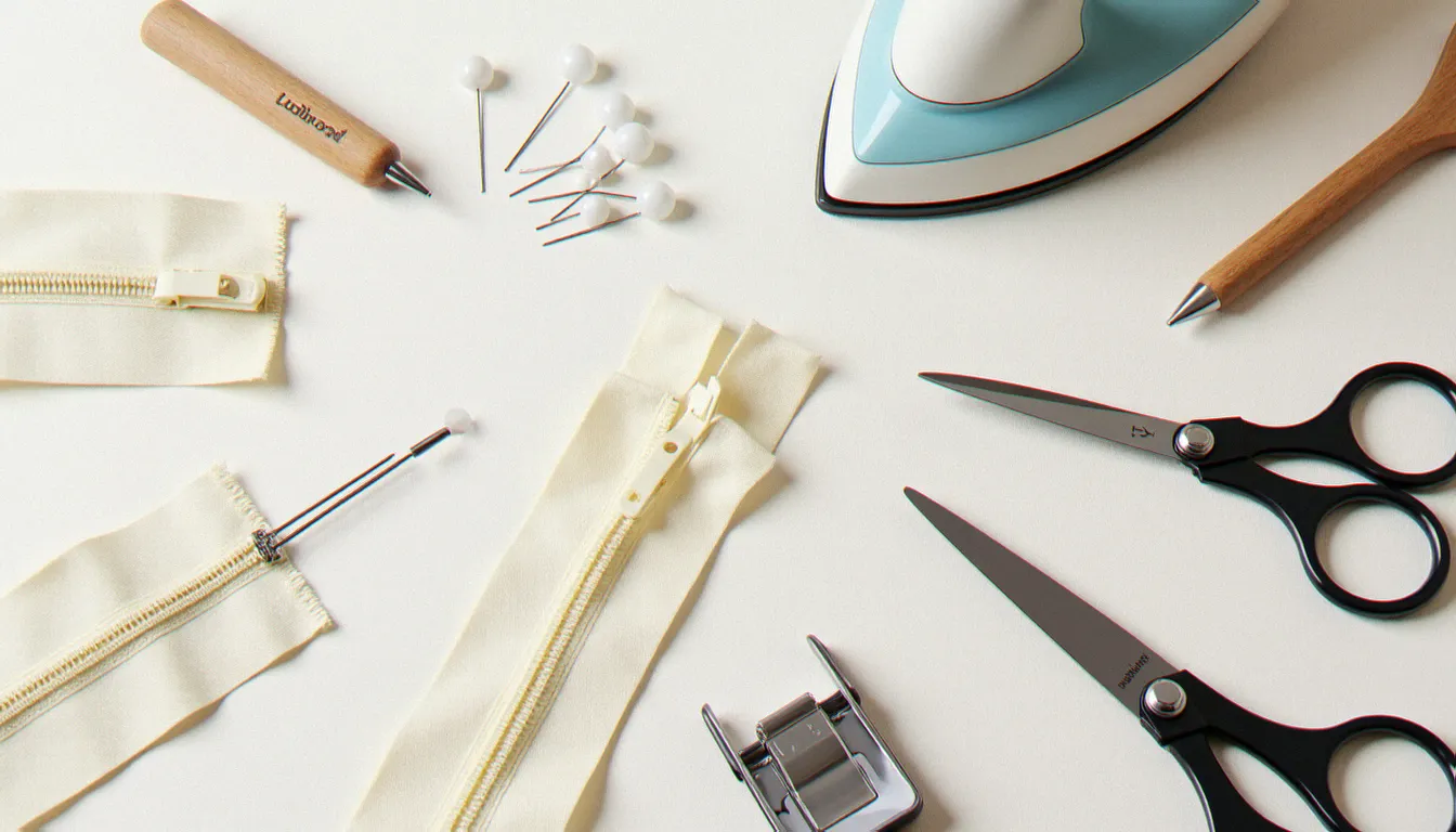 Matériel nécessaire pour coudre une fermeture : fermeture éclair nylon, épingles, découd-vite, pied semi-ouvert et mini-fer à repasser sur surface en lin