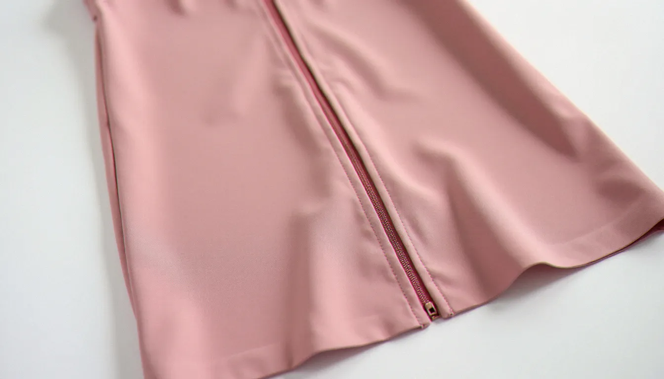 Fermeture invisible parfaitement posée dans la couture dos d'une robe en crêpe rose poudré, dents dissimulées dans le pli du tissu