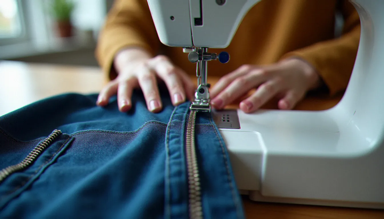 Mains de couturière posant une fermeture éclair sur du tissu denim bleu marine à la machine à coudre, gros plan sur les dents de fermeture