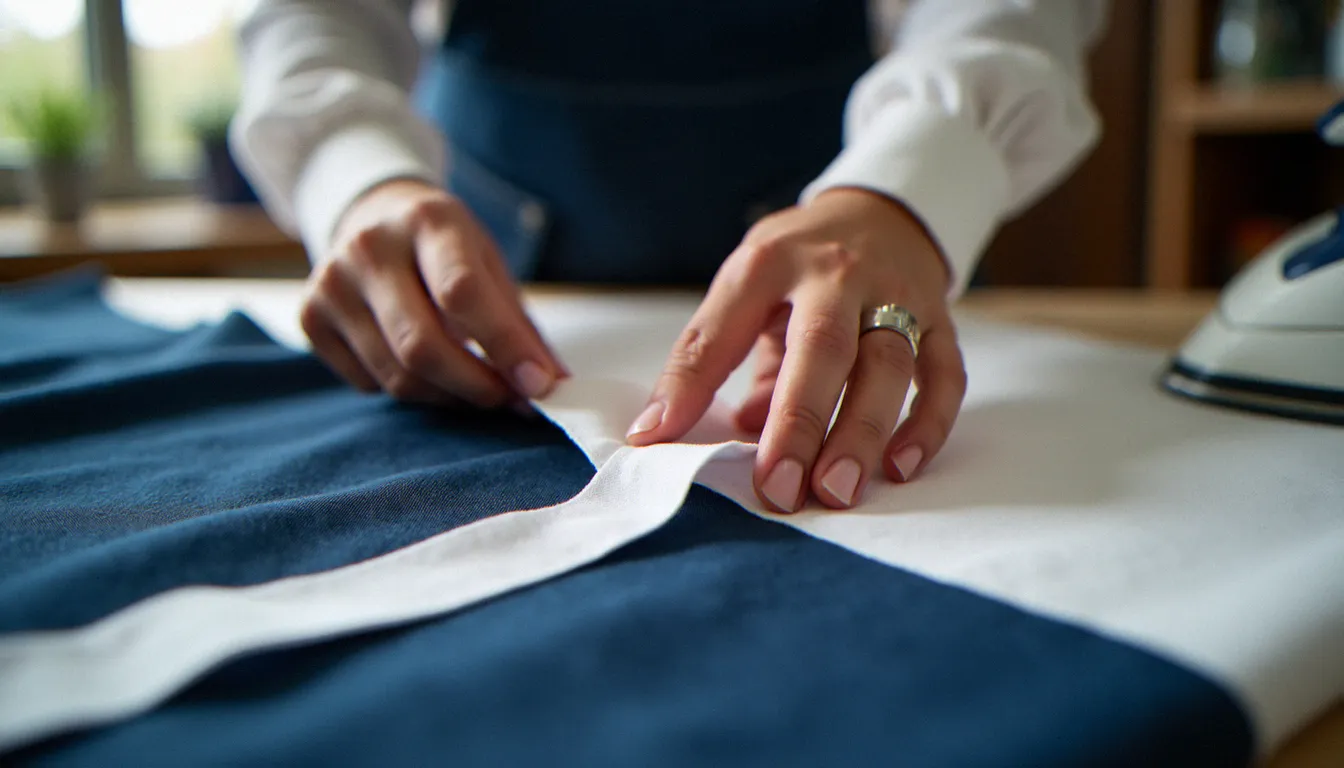 Mains de couturière en train de former un onglet avec un biais blanc à l'angle d'un tissu en lin bleu marine, pour illustrer la technique de pose d'un biais en angle