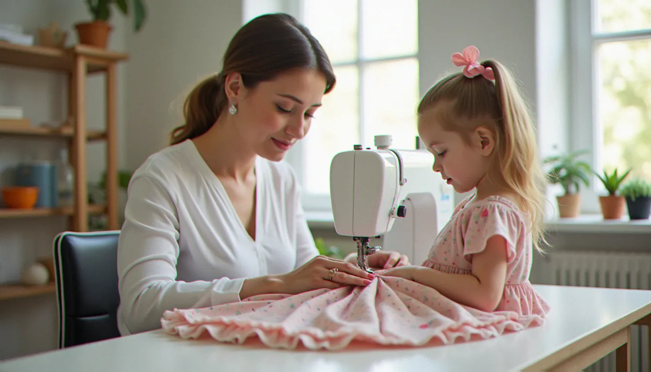 Une femme coud une robe enfant sur une machine à coudre dans un atelier lumineux
