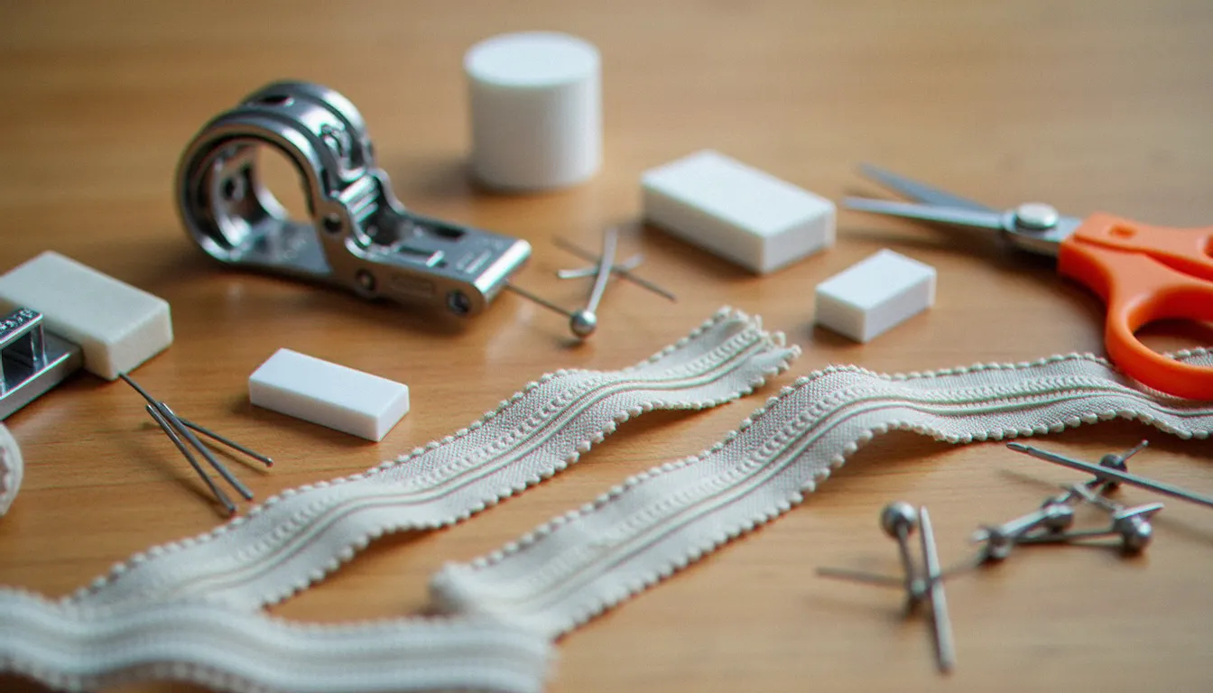 Matériel de couture incluant un pied à fermeture, des épingles et des ciseaux sur une table.