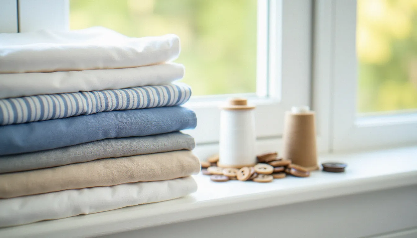 Pile de tissus en popeline, lin et chambray avec boutons et bobines de fil, prêts à devenir une chemise
