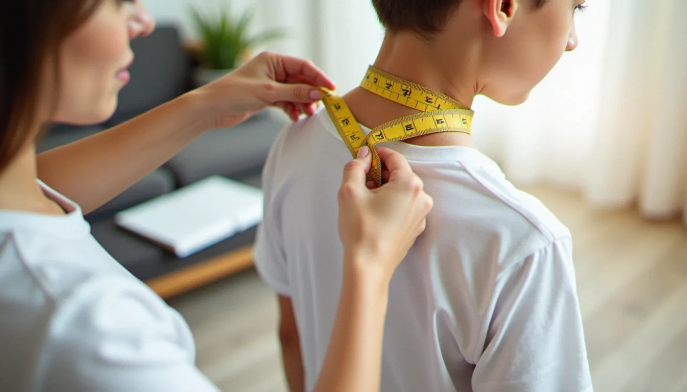 Prise de mesures des épaules d'un garçon de 12 ans avec un mètre ruban souple pour choisir la bonne taille de patron