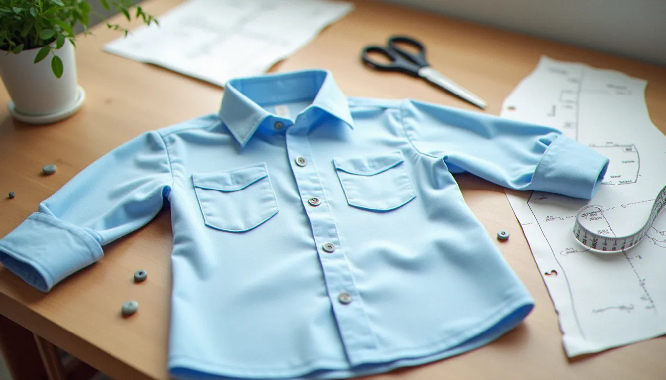 Chemise en coton bleu clair pour garçon posée sur une table de couture avec pièces de patron, mètre ruban et boutons, illustrant un patron chemise garçon 12 ans