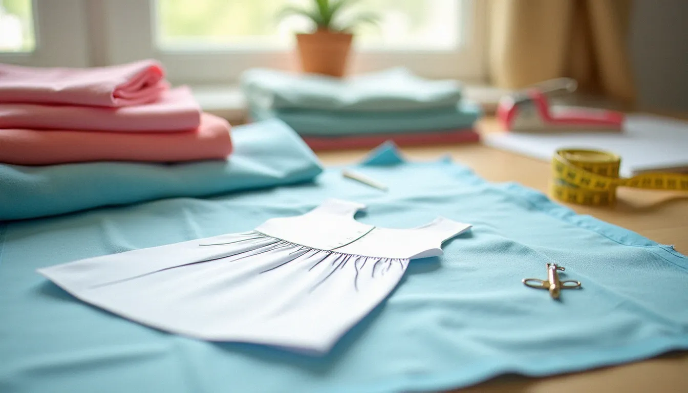 Patron de vêtement enfant imprimé posé sur du tissu bleu clair, avec outils de couture autour sur une table en bois
