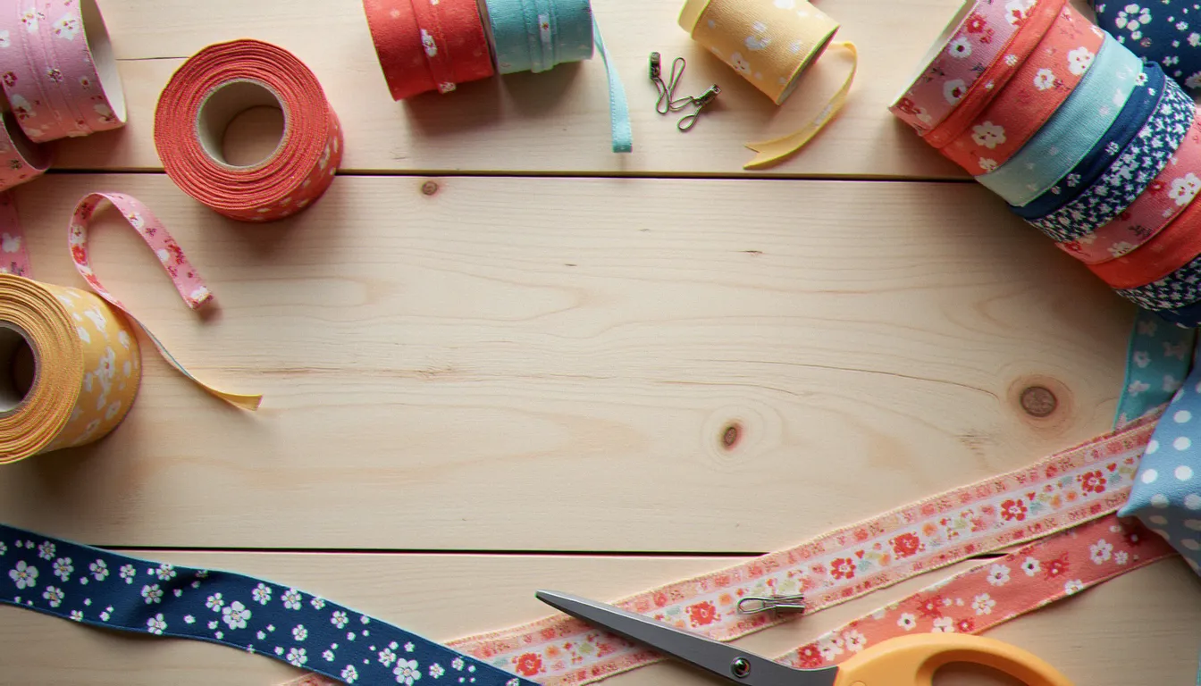 Rouleaux de biais tout fait, chutes de tissu, pinces et ciseaux posés sur une table en bois pour choisir son biais