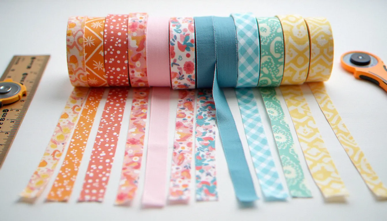 Biais tout fait en rouleaux de couleurs posés à côté de bandes de biais maison coupées dans un coton imprimé