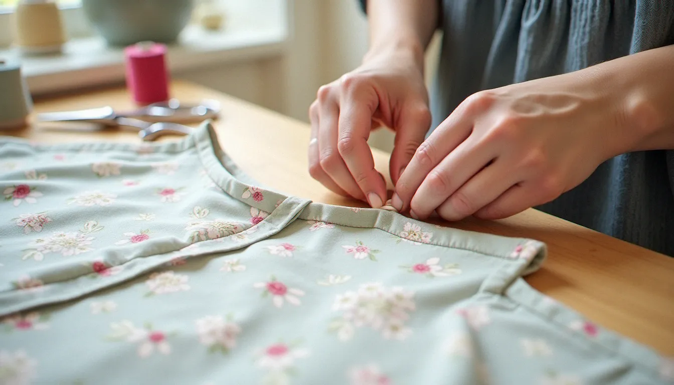 Mains de couturière épinglant un biais en coton sur une encolure arrondie, pour un tuto biais couture